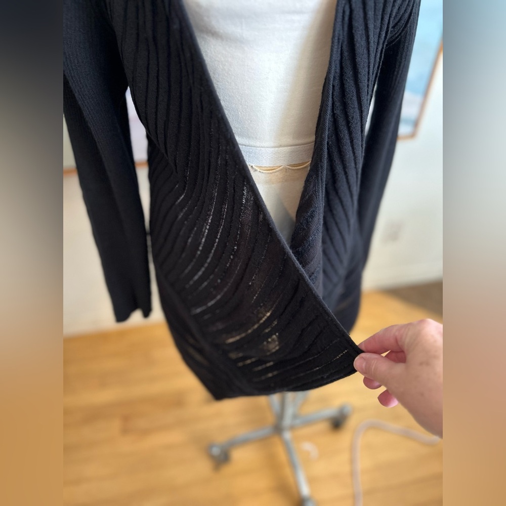 EILEEN FISHER Black Felt Ladder Italian Asymmetrical Hem Wool Cardigan, Sz L - Picture 6 of 14